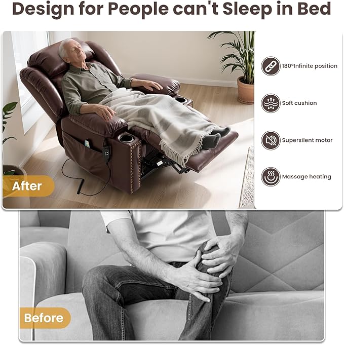 PARKOL Large Infinite Position Leather Power Lay Flat Lift Studded Recliner Chairs for Elderly, Dual Motor with Massage and Heating,Extended Footrest, USB&Type-C Port Remote,Cup Holder (Brown, Large)