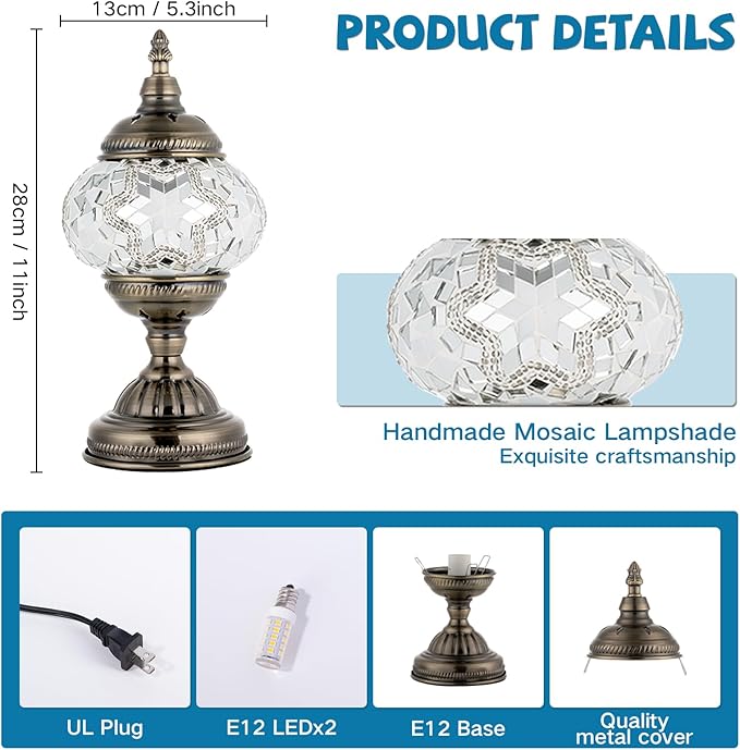 Turkish Moroccan Table Lamp Lantern with Handmade Mosaic Glass Lampshade Tiffany Style Bohemian Stained Glass Decorative Desk Lamps Bedside Night Lights for Bedroom (White 2)