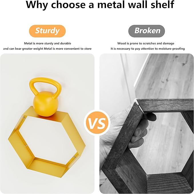Gonice Gold Metal Hexagon Floating Shelves Set of 6 Honeycomb Wall Shelves Home Decor Shelf for Living Room Bedroom Office
