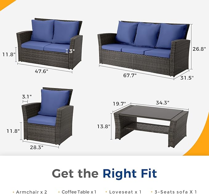 Wisteria Lane 5 Piece Patio Furniture Set, Wicker Outdoor Patio Conversation Furniture Set, All Weather Outdoor Patio Sofa with Cushion and Glass Table, Blue