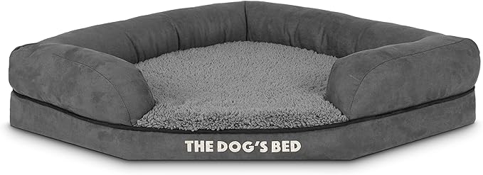 The Dog’s Bed Memory Foam Waterproof Corner Dog Bed, Medium, Grey Plush, Eases Arthritis & Hip Dysplasia Pain, Therapeutic & Supportive, Washable Plush Fabric Cover
