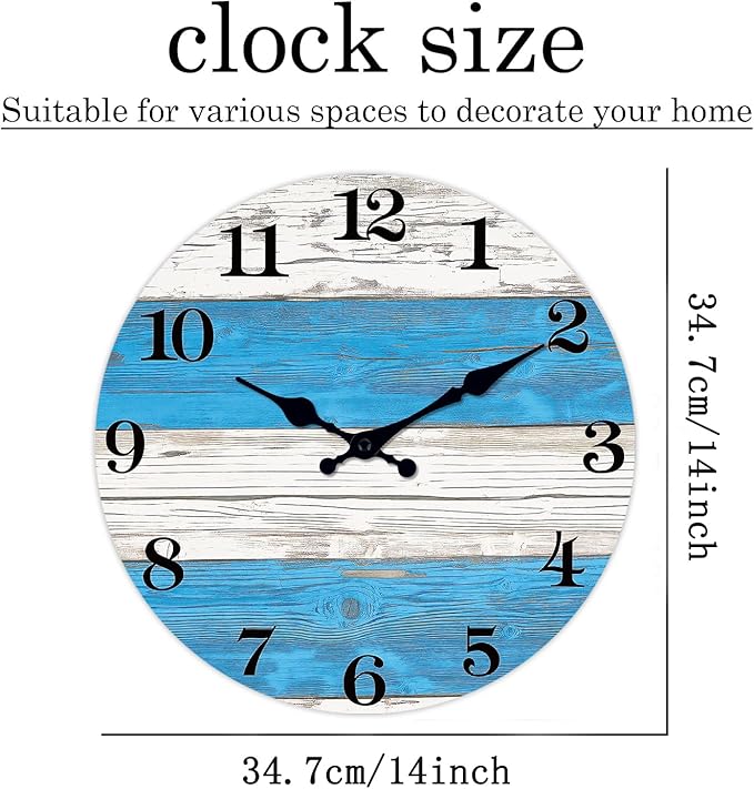 XNM Kitchen Clocks Wall Battery Operated 14 Inch Blue and White Wall Clock Silent Round Farmhouse Clock for Wall(No Solid Wood, It is with MDF Material)