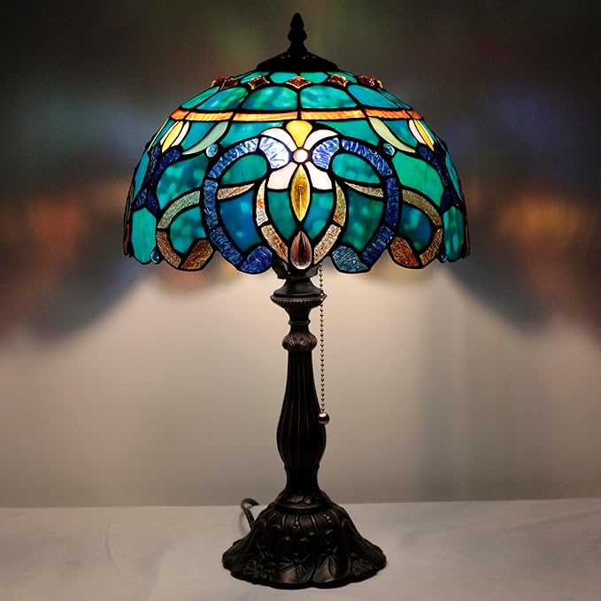 Tiffany Table Lamp Stained Glass Lamp 12X12X19 Inch Antique Reading Light (Green Brown Jewelry Baroque)
