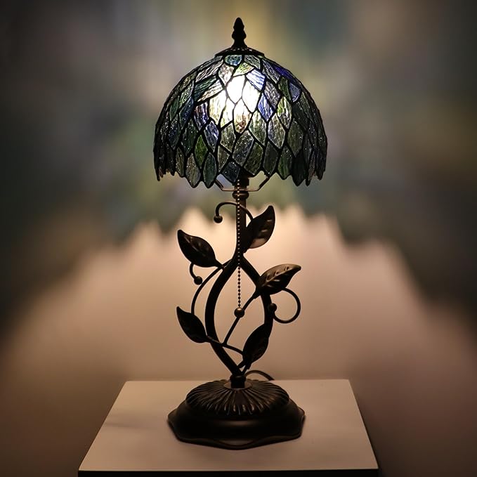 Small Tiffany Lamp Multicolor Leafage Style Stained Glass Table Lamps Desk Bedside Reading Light 8X8X18 Inches with Bronze Metal Leaf Resin Base