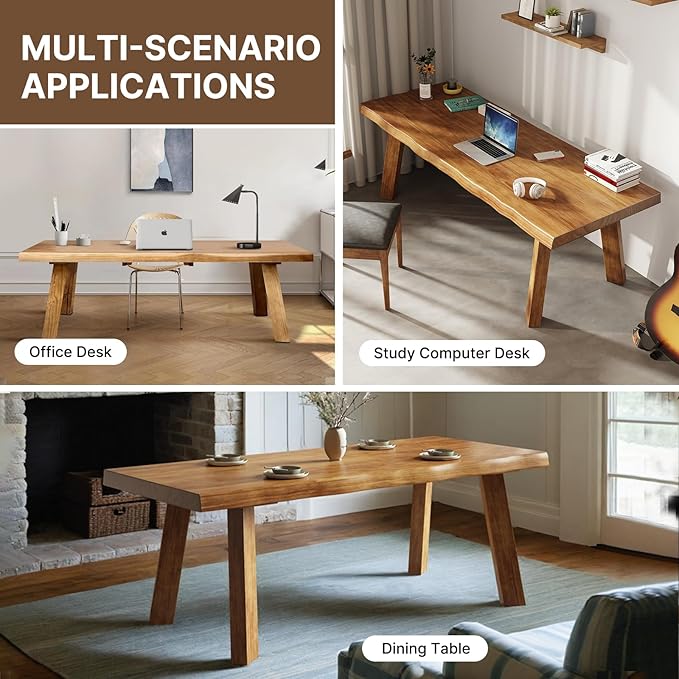 Solid Wood Desk 55 inches, Live Edge Wooden Home Office Computer Desk Modern Simple Design for Writing,Study,Dining,Gaming