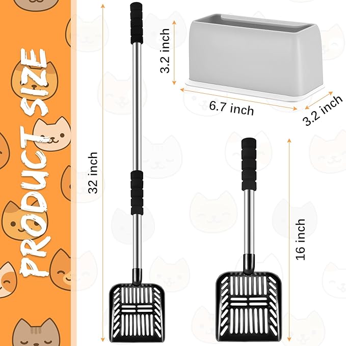 32 Inch Cat Litter Scooper Metal Long Handle with Cat Litter Scoop Holder Deep Kitty Sifter Shovel Detachable Stainless Steel Poop Sifter Scooper Caddy Kitty with Box(Black)
