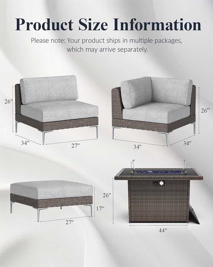 LayinSun 7-Piece Outdoor Modular Wicker Sectional Sofa with Fire Pit Table, Patio Furniture Conversation Set with Deep Seating and Thick Cushions