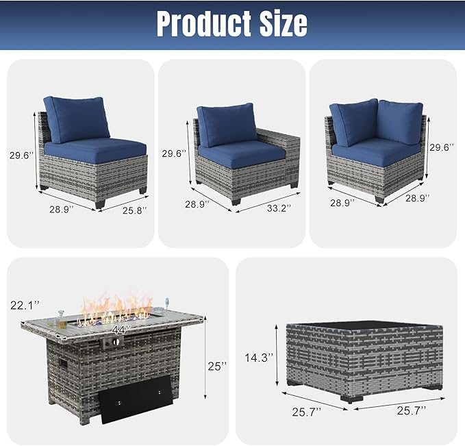 Aoxun 7 Pieces Patio Furniture Set with 40” Fire Pit Table Wicker Rattan Outdoor Sectional Conversation Set with Coffee Table and 4” Thickened Cushions, Blue(Waterproof Cover Included)