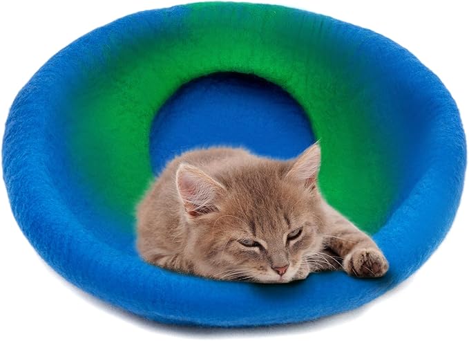Woolygon Premium Felt Cat Cave Bed β Wool Kitty Beds Handcrafted Kitten Caves Bed for Indoor Cats - Made from 100% Eco-Friendly Merino Wool, Foldable Cat Hidewawy Covered Cat Houses (Emerald Indigo)