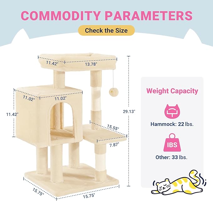 Allewie 29 Inches Cat Tree Tower/Plush Perches Platform/Condo/House/Sisal Scratching Posts/Multi-Level Activity Center Furniture for Kittens/Beige