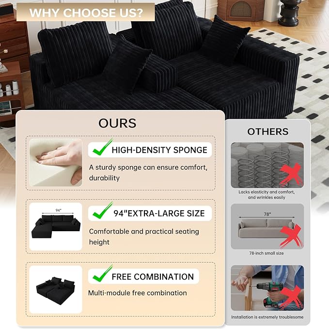 94" Cloud Sectional Couch with L-Shape Chaise,4 Seat Modern Modular Sofa with Side Pockets,Upholstered Couches for Living Room Bedroom, Boneless Couch,No Assembly Required