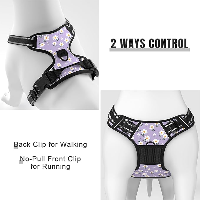 Rnivvi No Pull Dog Harness, Cute Flower Reflective Large Sized Puppy Harness, Adjustable Soft Padded Vest for Large Dogs, Heavy Duty Pet Vest with Easy Control Handle for Walking, Purple White
