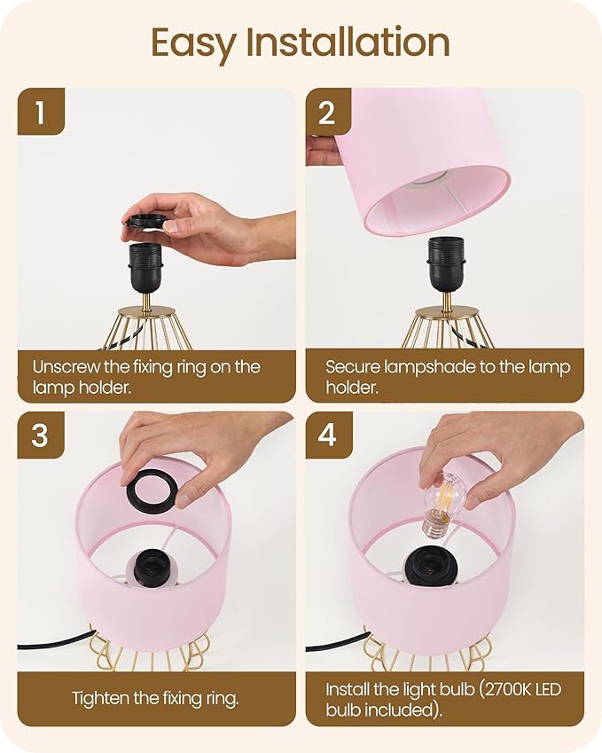 Pink and Gold Table Lamp, Small Bedside Lamp with Metal Base & Pink Linen Lampshade, Modern Nightstand Lamp, Little Cute Desk Lamp for Girl Kid's Room, 2700K LED Bulb Included, DP06TL05
