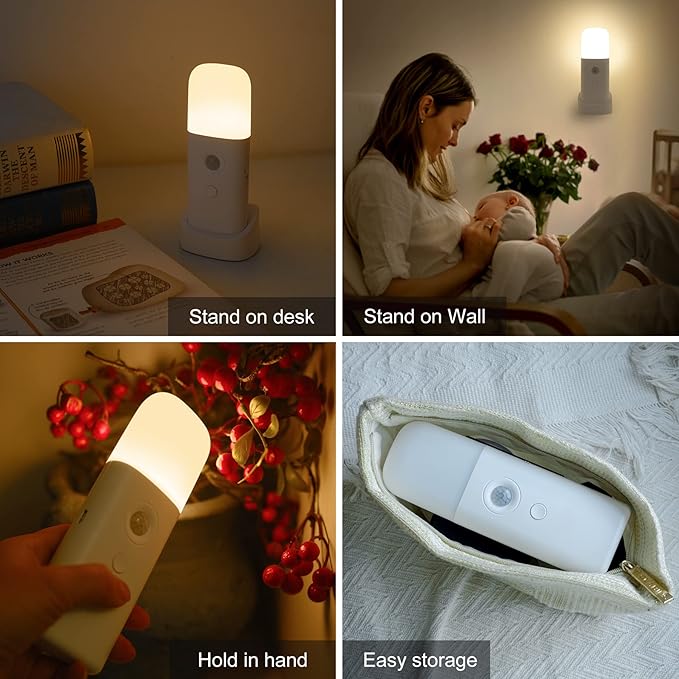 Motion Sensor Night Lights Indoor, Rechargeable Night Light Battery Powered, Portable Nightlight with Adjustable Brightness Activated Table Lamp for Kids, Adults, Bedroom, Bathroom(1Pack)