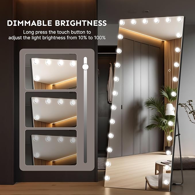 Kosmonia 82x36 Hollywood Full Length Mirror with Light, 28 Dimmable Bulbs & 3 Color Smart Touch Control, Distortion Free, Tempered Glass & Shatter Proof Film, Safe Full Body Mirrors with Stand