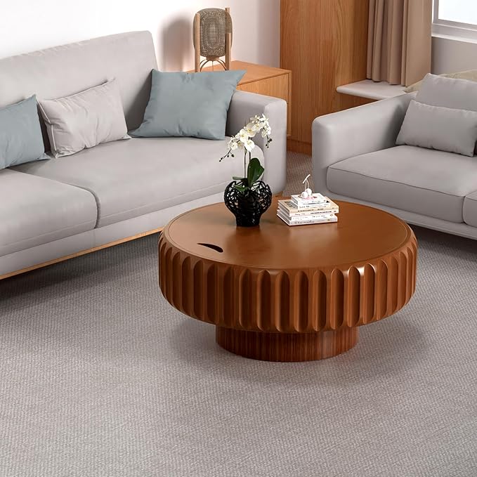 31.5in Drum Coffee Table with Storage Modern Unique Fluted Tea Table Contemporary Round Coffee Table with Fluted Center Table for Small Space Apartment (31.5in)