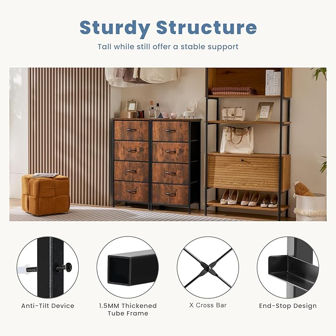 DUMOS Nightstand with 4 Drawers Bedside Table with Removable Fabric Bins Sturdy Steel Frame Wood Top Organizer Furniture for Bedroom Closet Living Room