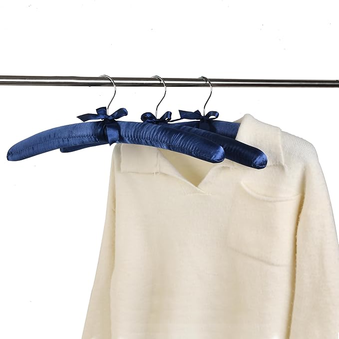Blue Satin Padded Sweater Hangers 5 Pack, Blouse Hanger with Thick & Soft Foam for Bridal Wedding Dress Lingerie, Smooth Silk Covered Shirt Hanger Without Shoulder Bump