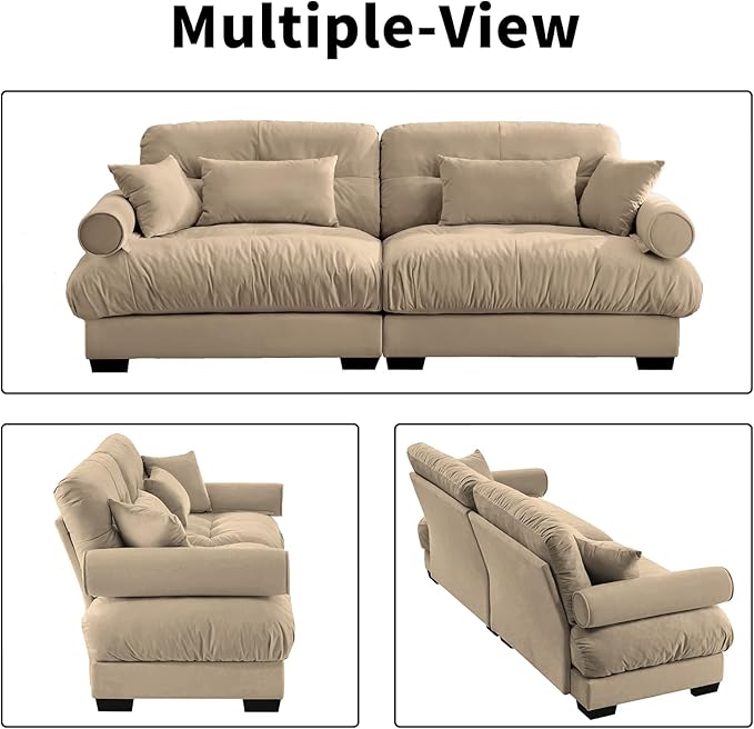 93.7” Loveseat Sofa, 2 Seater Modular Sectional Sofa, Camel Large Sectional Couches for Living Room, Fluffy Couch Set, Love Seat, Velvet Cloud Couch with 4 Pillows, Deep Seat Sofas for Living Room