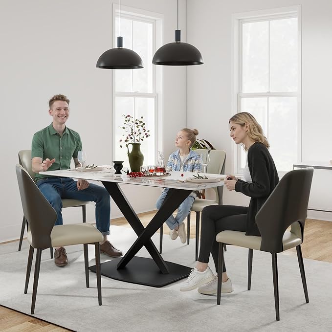 63" Modern Dining Table for 4-6 People, White Sintered Stone Table Top with X-Shape Carbon Steel Pedestal, Large Rectangular Table for Kitchen Living Room