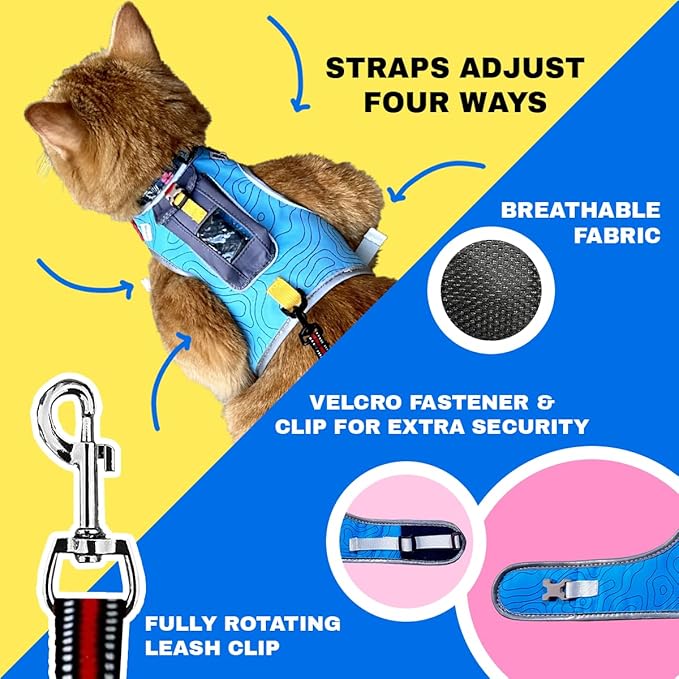 TRAVEL CAT The Pathfinder Cat Harness with GPS Tracker Pocket - Powered by Tractive Cat Harness Escape Proof - Walking Escape Proof Cat Harness for Small, Large, Kitten (Blue, Medium)