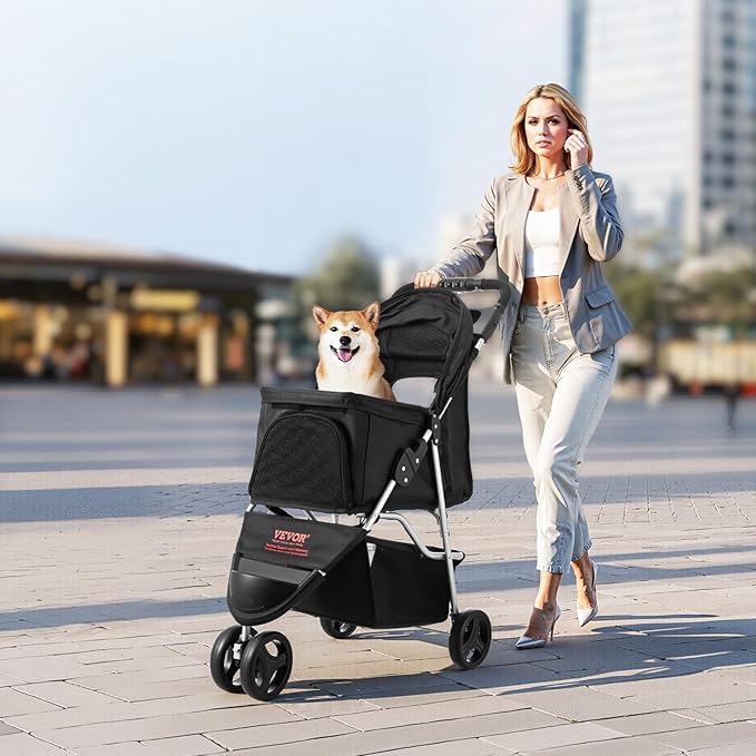 VEVOR Pet Stroller, 35 lbs Weight Capacity, Foldable Dog Cart, 3 Wheels Cats Carts with Mesh Windows and Cup Holders, Portable Pet Carrier Stroller with Brake, for Small to Medium Pets