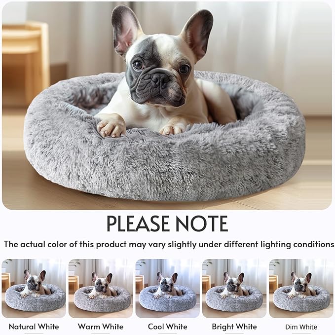 JOLLYVOGUE Medium Calming Dog Bed, Anti-Anxiety Donut Cuddler Cat Bed with Anti-Slip Bottom, Fluffy Faux Fur Machine Washable Pet Cushion for Medium Dog & Cat, 27"/Smoke Gray