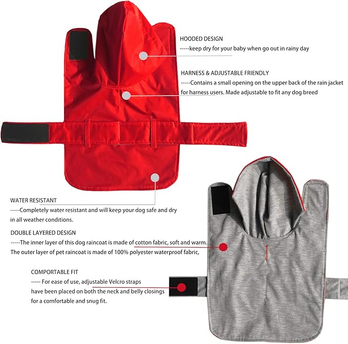 LeerKing Raincoat for Dogs - Hooded with Leash Hole, Waterproof Double Layer Coat Jacket with Lining, 10 Sizes for Small Medium and Large Dogs,Red,L