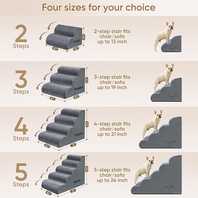 PAWSCART Dog Stairs for Small Pets, 17.7" H with 30D Material Soft Foam, Portable Ramp Non-Slip Surface Non-Slip for Couch and High Bed Climbing, 3-Step Stairs for Cat or Dog, Grey