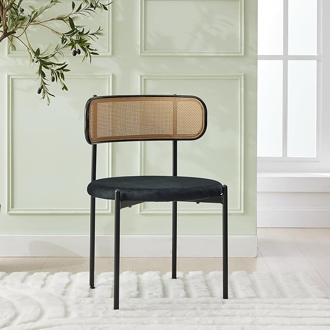 Rattan Dining Chairs Set of 6, Mid Century Modern Dining Chairs with Cane Back and Boucle Upholstered Seat, Farmhouse Kitchen Chairs for Dining Room and Living Room, Black