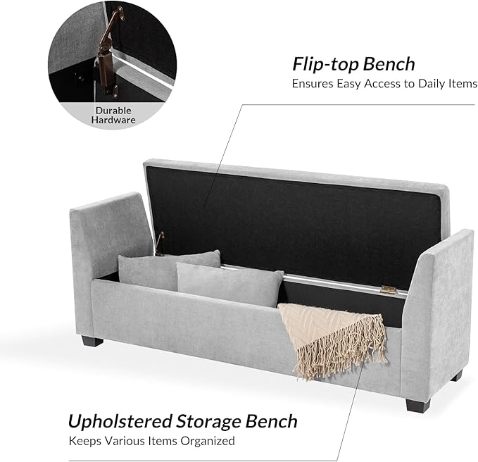 EcoHarbor Living 60" Storage Ottoman Bench with Pillows, Water Resistant Storage Bench End of Bed Upholstered Bedroom Entryway Storage Ottoman Foot Stools, Grey