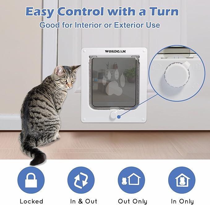 Wordcam Large Cat Door(Outer Size 10.7'' x 9.5''), Robust Cat Door for Interior Exterior Doors, Cat Flap Door with 4 Way Lock, Pet Door for Cats Kitty Kittens Doggies (White, L)