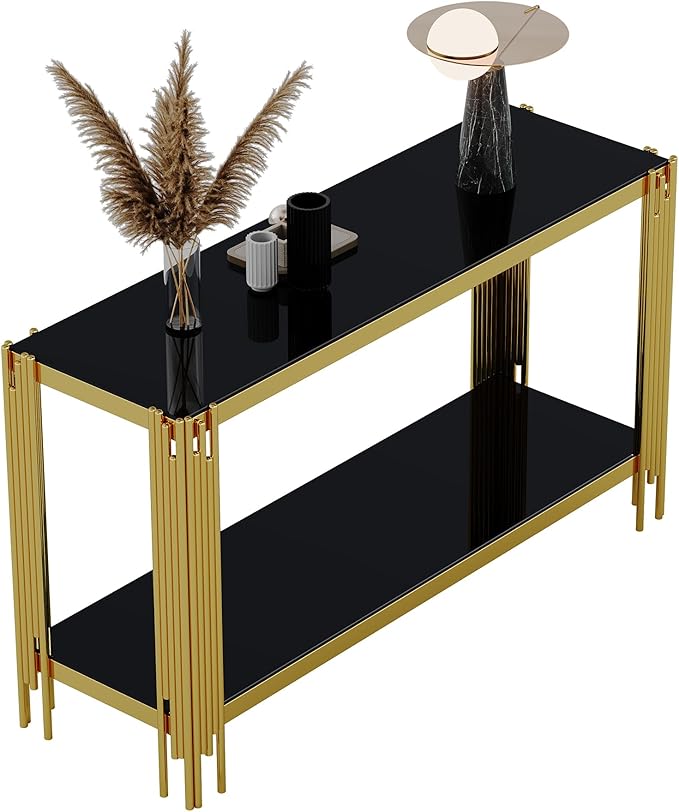 Goujxcy Modern Glass Console Table 55" Gold Entryway Table with Black Glass Top and Mirror Finish Stainless Steel Legs, Luxury Rectangular Sofa Tables for Living Room Hallway Corridor Table (Gold)