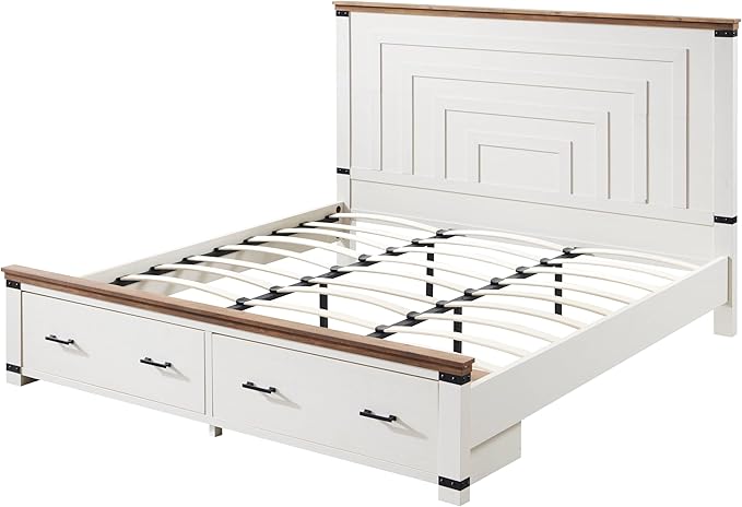 T4TREAM Farmhouse King Size Bed Frame with 54" Tall Geometric Headboard & 2 Large Storage Drawers, Rustic Wood Platform Bed with Wood Slats Support, No Box Spring Needed, Antique White