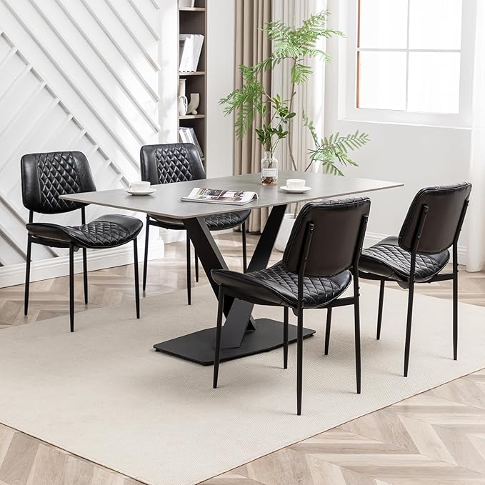 Modern Dining Chairs Set of 4, Leather Dining Chair with Metal Legs, Upholstered Dining Room Chairs for Dining Room, Kitchen, Vanity (Black)
