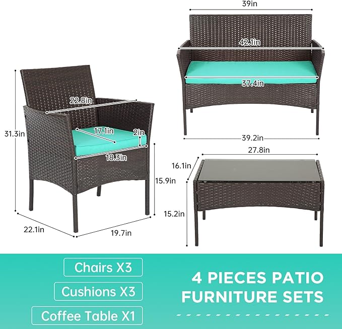 FDW Patio Furniture Set PE Rattan Patio Set Wicker Outdoor Furniture Bistro Set for Outdoor Indoor Use with Loveseats Coffee Table, Blue Cushions, 4 Pieces