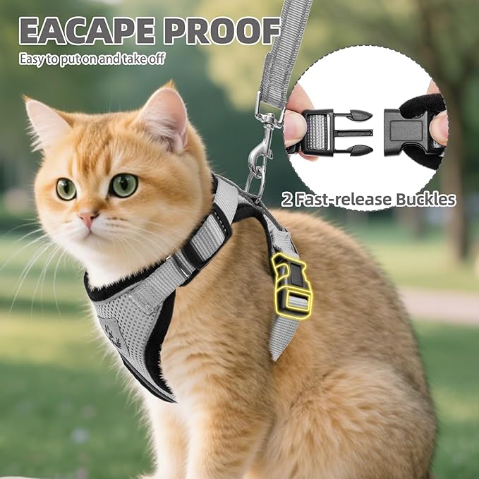 PUPTECK Cat Harness and Leash Set Escape Proof Reflective Cat Walking Harness Adjustable Soft Breathable Mesh Vest for Small Pets, Grey, M