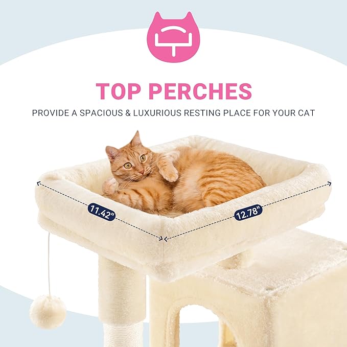 Allewie 29 Inches Cat Tree Tower/Plush Perches Platform/Condo/House/Sisal Scratching Posts/Multi-Level Activity Center Furniture for Kittens/Beige