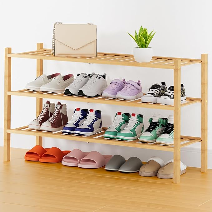 Smiry Shoe Rack, 3 Tier Thick Long Bamboo Shoe Organizer, Stackable Free Standing Wooden Shoe Storage Shelf for Closet, Entryway, Front Door Entrance, Natural