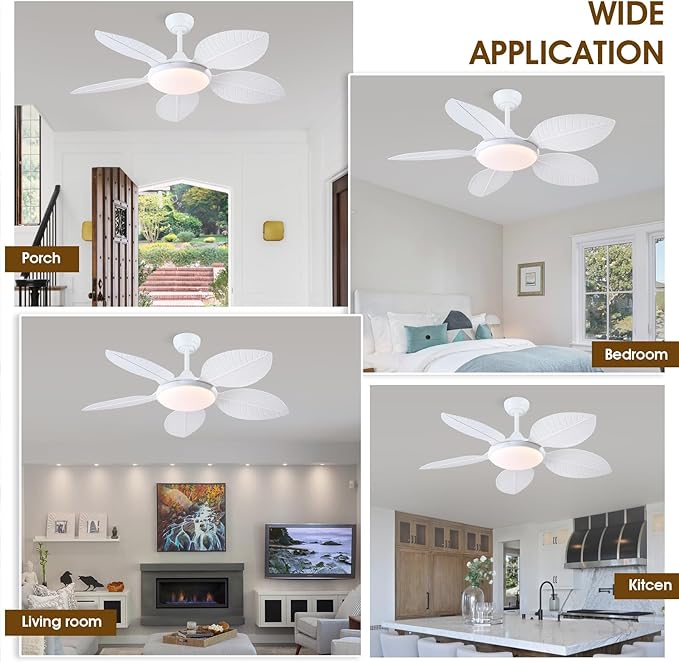 Ceiling Fans with Lights and Remote/APP Control, 48 Inch Tropical Ceiling Fan for Bedroom Living Room, Outdoor Palm Leaf Ceiling Fan for Patios Porch, Dimmable, 6 Speeds, Reversible, White