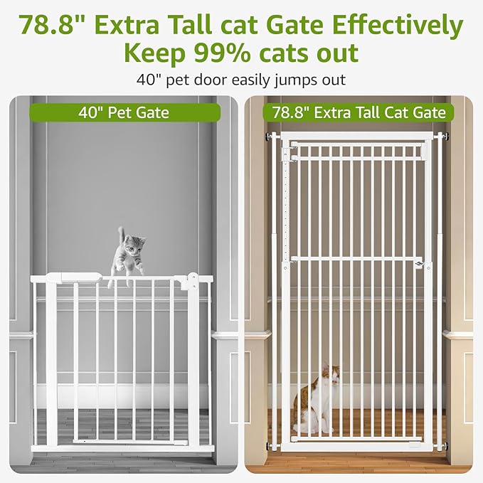 78.8" Extra Tall Cat Gate, 28.3-33" Wide Safety Metal Cat Door, Pressure Mounted Easy Walk Through Pet Gate with Door for Stairs, Doorways (White)