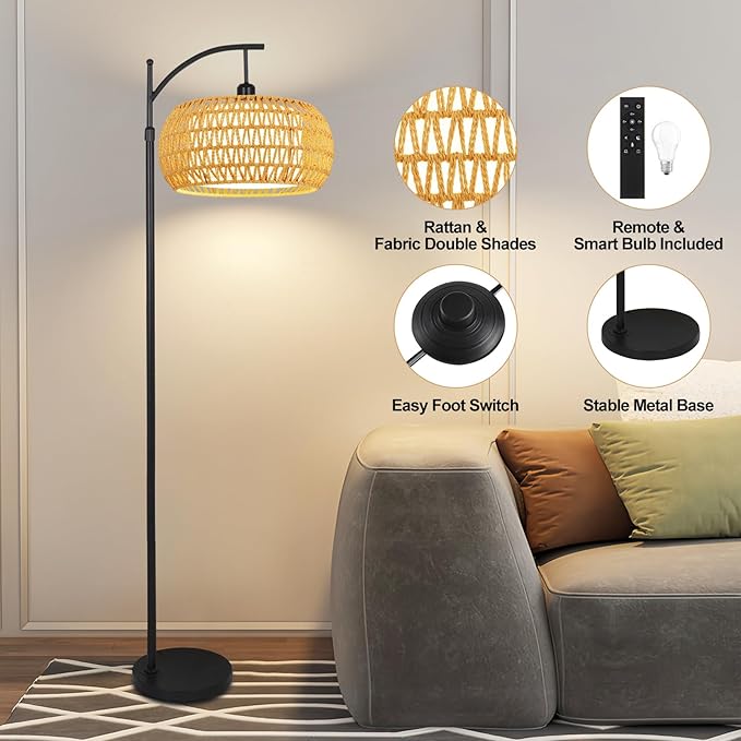 Arc Floor Lamps for Living Room Rattan Boho Floor Lamp with Remote Control,Dimmable LED Floor Lamps Black Standing Lamp with 3 Color Temperature Tall Floor Lamp for Bedroom Corner