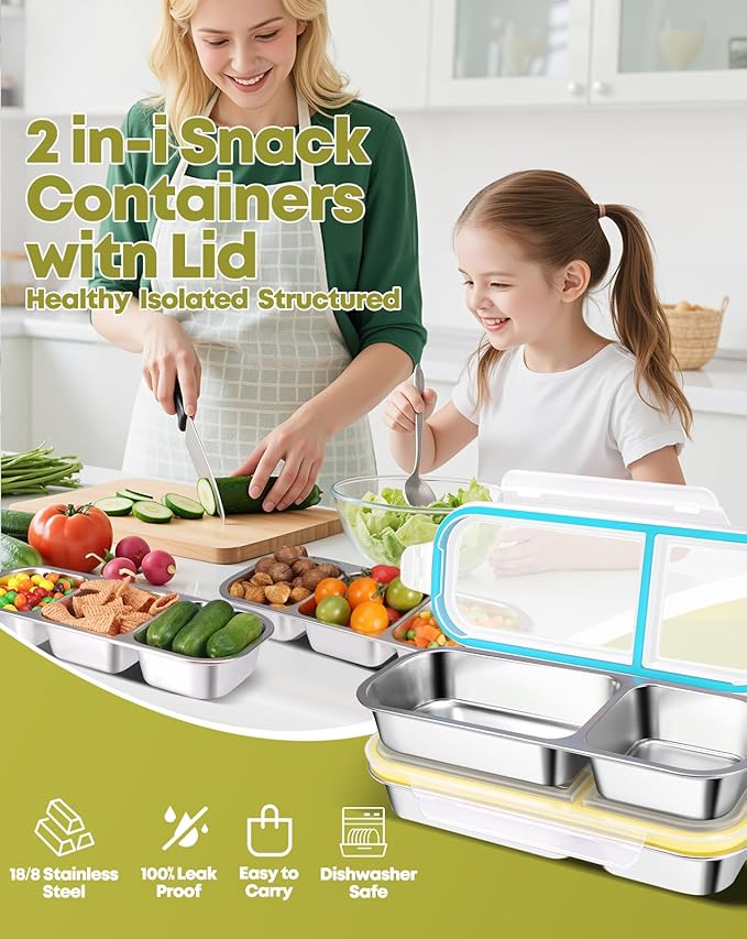 2Pack Stainless Steel Snack Containers for Kids Adults, Reusable 2 Compartment Snackle Box Container with Leakproof Lids Metal Bento Lunch Boxs Food Storage Containers for Travel Picnics Office School