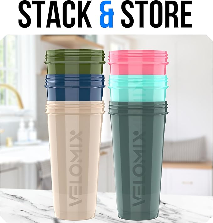 VELOMIX -6 PACK- 28 OZ Protein Shaker Bottles for Protein Mixes, Shaker Cups for Protein Shakes, Large Shaker Bottle Pack, Shaker Cup, Shakers for protein Shakes (Most Popular)