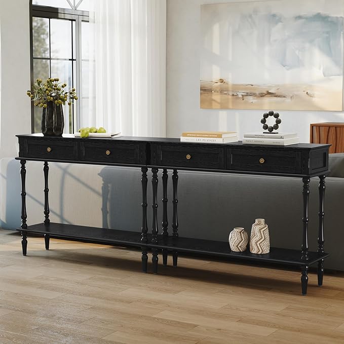 ARTPOWER Console Table for Entryway with 2 Drawers-Minimal Assembly,Black Retro Entryway Table with Storage Cabinets and Open Shelf,Narrow Long Couch Table Behind Sofa for Living Room,Foyer,Hallway