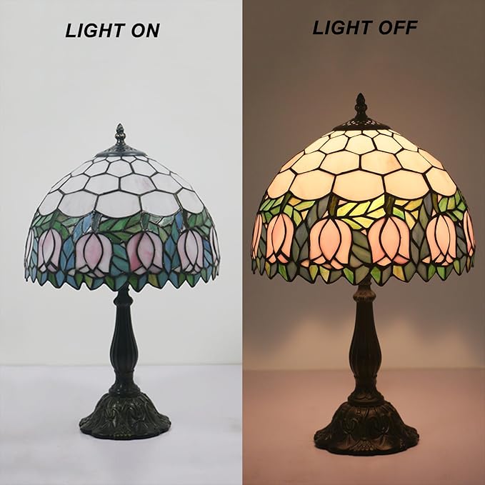 Tiffany Table Lamp,Pink Tulip Stained Glass Table Lamps for Bedroom Bedside 3 Color Temperatures Nightstand Lamp, for Living Room,Dining Room,W/LED Bulb, Mothers Gifts,12X12X19Inch