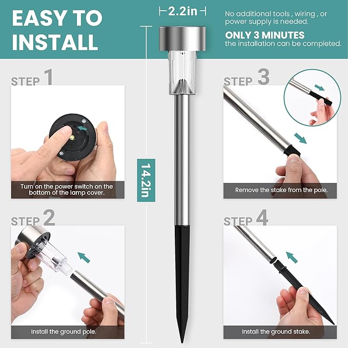 GIGALUMI 24 Pack Solar Path Lights Outdoor,Solar Lights Outdoor Waterproof,Stainless Steel LED Landscape Lighting,Solar Garden Lights for Driveway,Pathway,Patio,Yard