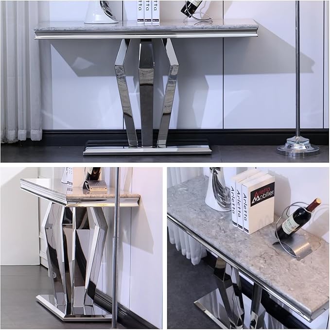 Coffee Table Set, 48 inches Modern Silver Coffee Table with 4 Geometric Mirrored Bases and Rectangular Silver Console Table with Gray Top for Living Room (Coffee Table + Console Table)