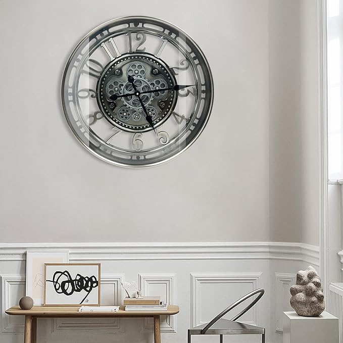 DORBOKER Real Moving Gears Wall Clock Large Modern Metal Clocks for Living Room Decor, Industrial Steampunk Unique Vintage Rustic Decorative Clock for Home Farmhouse Office, 30 Inch,Gunmetal Arabic
