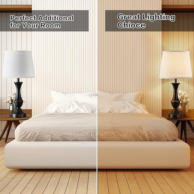 Luvkczc Touch Table Lamps Set of 2, 22" Tall Bedside Lamps with USB C+A Ports,Dimmable Nightstand Lamps, Table lamp for Bedrooms, Living Room, Office, Black Lamp with White Lampshade, Bulbs Included